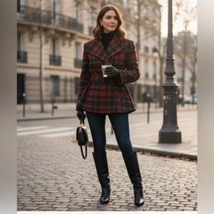 Evan Picone Belted Wool Blend Women's Blazer Coat. Red, Black and Tan. Size PS